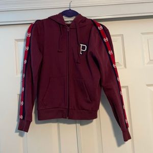 Burgundy PINK hoodie with P on front.